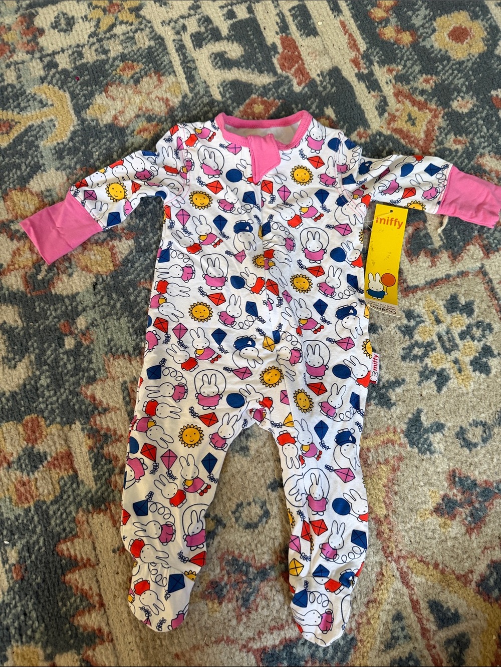 NWT new born Miffy Footed One-Piece ouncie with Pink Trim & vibrant bunny print